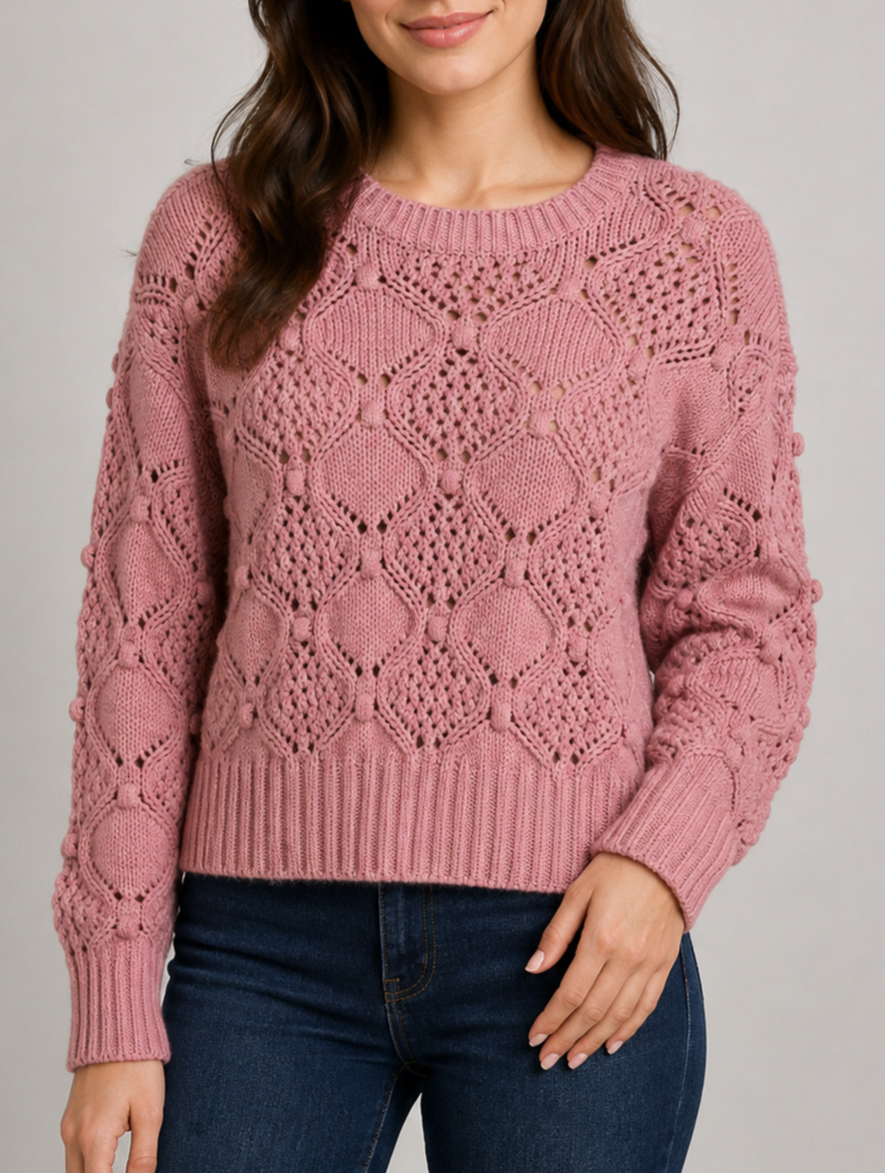 Lucky Brand Womens Small Pink Mauve Crop Pointelle Knit Bobble Crewneck Sweater